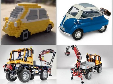 上圖為樂高按1:3比例拼搭的寶馬經(jīng)典微車 Isetta，下圖為樂高拼砌的奔馳 Unimog U 400工程車。